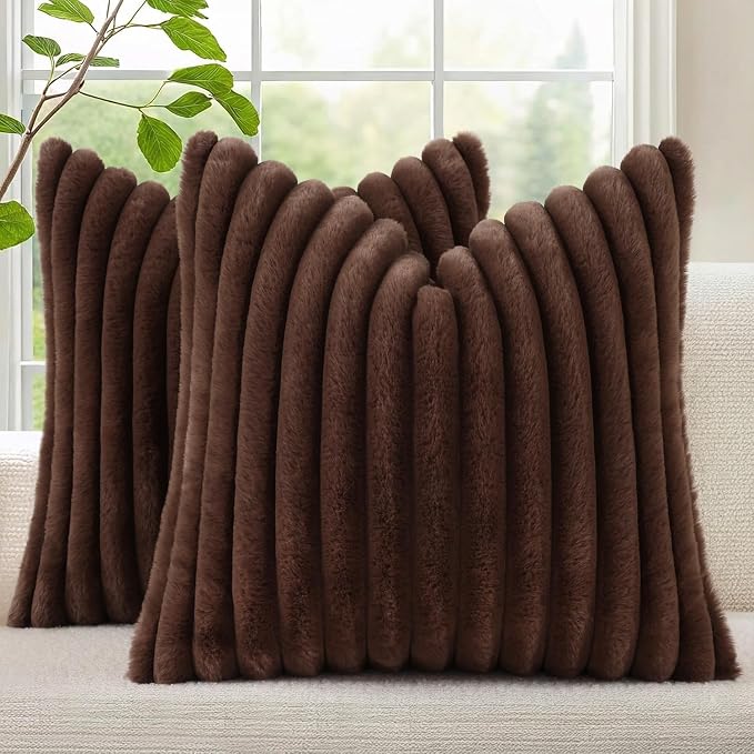 decorUhome Fall Faux Fur Throw Pillow Covers 22x22 Set of 2 Dark Brown | Decorative Soft Cozy Striped Plush Modern Farmhouse Boho Couch Pillow Cases Velvet Back for Sofa Bed Living Room Home Decor