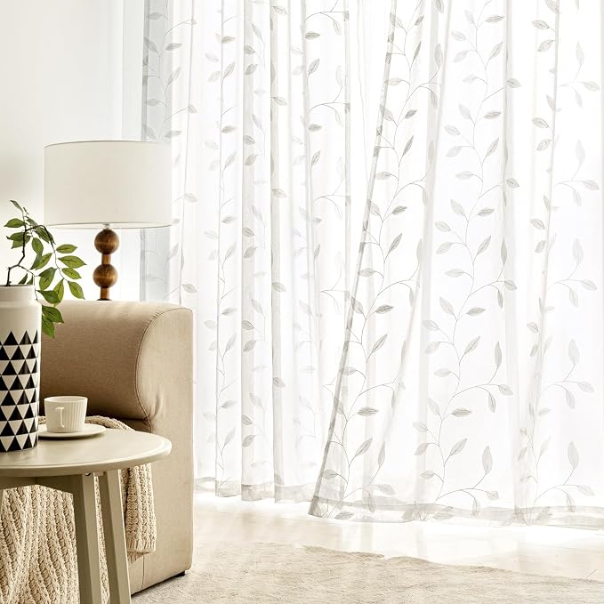 MIULEE White Sheer Curtains 2 Panels Embroidered Leaf Patterned Rod Pocket Floral Semi Sheer Faux Linen Window Curtains Drapes Set for Living Room Bedroom Dining Room, 52x96 Inches Long