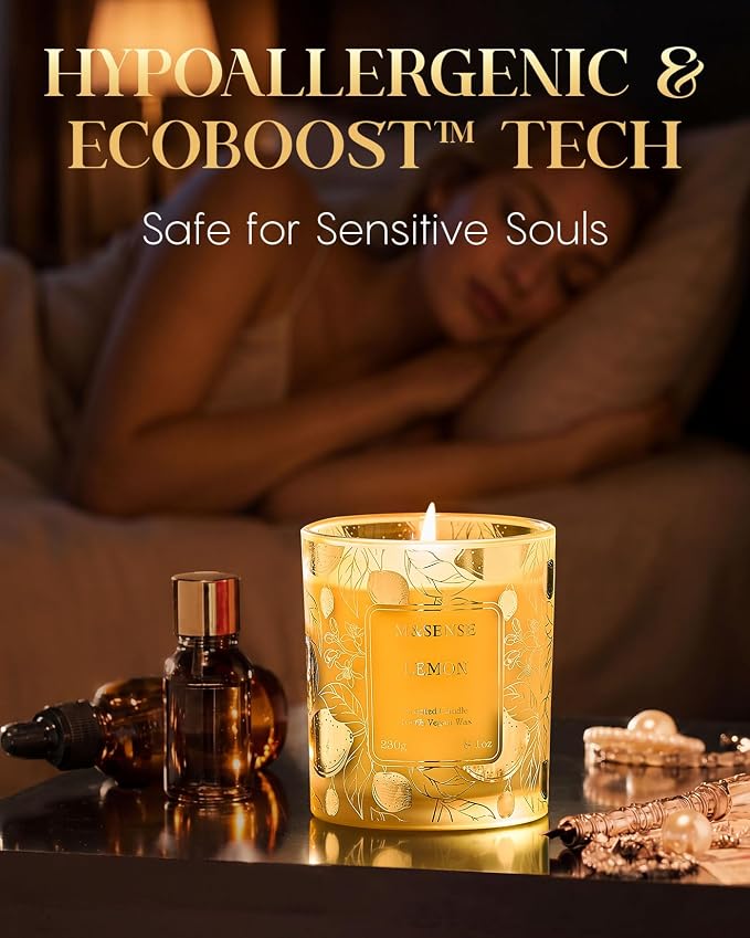 M&SENSE Lemon Soy Candle, 8.1oz Gilded Glass, Office Calming Gift | 42H Long Burn, Vegan Wax, No Toxin, Fresh Air Purifying Calming, Warmer Safe, Reusable Desk Organizer