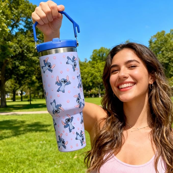 Disney Lilo & Stitch Sky Blue AOP 40 Oz. Vacuum Sealed Stainless Steel Tumbler With Carry Handle