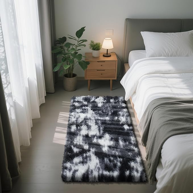 Soft Runner Rugs for Bedroom, Mottling Black 2x6 Area Rugs Fluffy Rug Shag Area Rug Carpet, Bedside Rug for Living Room Bedroom Room Home Decor