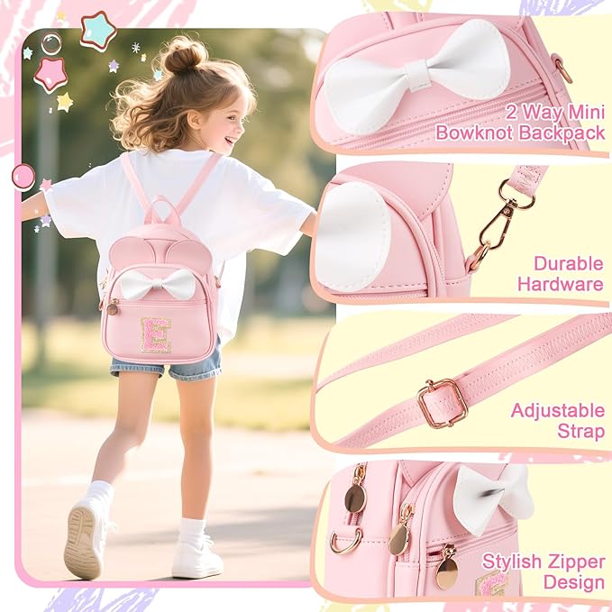 Personalized Toddler Backpack for Girls 3–10, Cute Mini Bowknot Mouse-Ear Toddler Bookbag Crossbody Purse, Small Daypack Wallet Set, Initial Birthday Gift, Trendy Little Kids/Teen Bag(Pink,E)