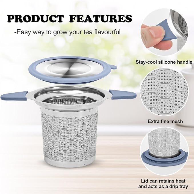 Tea Infuser for Loose Leaf Tea, Extra Fine 304 Stainless Steel Tea Strainer Stepper with Heat-Resistant Silicone Handles and Lid, Large Capacity Tea Basket Filter for Mug, Cup (Silver)