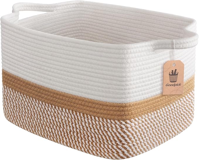 Goodpick Woven Storage Basket for Shelves, 13" x 10" x 9", White & Camel | Gift Baskets Empty for Home Decor, Cotton Rope Baskets for Kids Toys & Towels, Shelf & Closet Organization, Built-In Handles