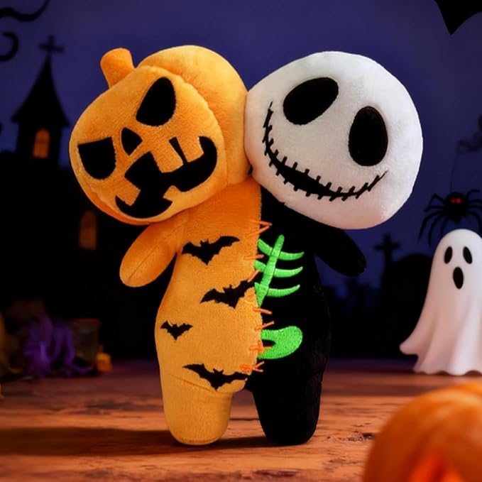 Horror Reversible Glow Plush Creepy Stuffed Animal Toy Scary Pumpkin & Skeleton Buddy Doll for Kids & Game Fans Great Gift for Birthday Halloween Christmas Party