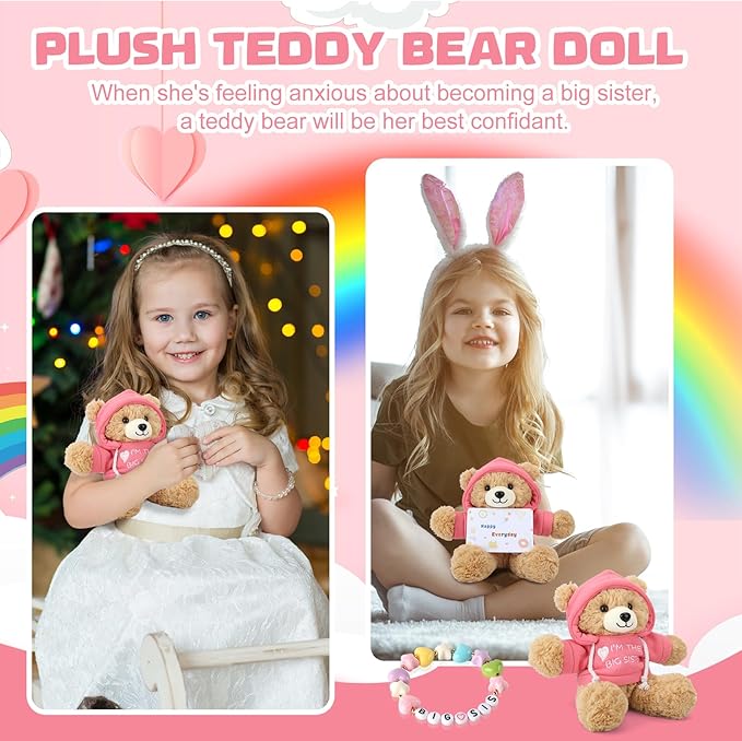 “I’m The Big Sister” Teddy Bear Stuffed Animal with Gift Box Removable Pink Hoodie Bracelet, Big Sister Gifts for Girls Who Promoted to Big Sister with Beautiful Greeting Card