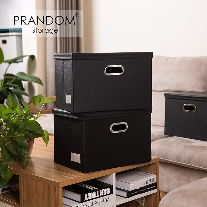 Large Foldable Storage Bins with Lids [3-Pack] Leather Fabric Collapsible Storage Boxes Organizer Containers Baskets Cube with Cover for Home Bedroom Closet Office Black(17.7x11.8x11.8)