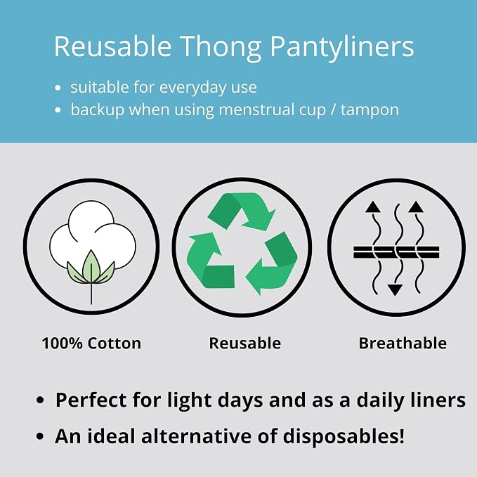 Lilind® 7 Pack Thong Pantyliners on Blue Flowers, Reusable Organic Cloth, Washable Menstrual Pads, Zero Waste 100% Cotton