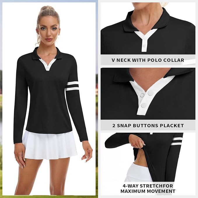 Soneven Womens Golf Shirts Moisture Wicking V Neck Long Sleeve Polo Shirts Collared Tops