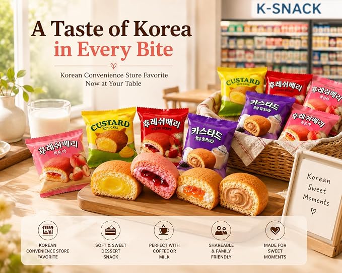 Orion Korean Sweet Dessert Variety Pack, Custard Soft Cake Assortment, Individually Wrapped Korean Snacks, Custard, Strawberry, Peach & Royal Milk Tea Flavors, 12 Packs Total, 0.88 oz Each