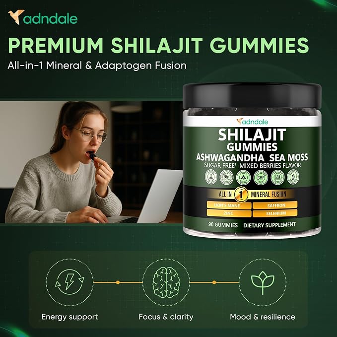 Adndale Himalayan Natural Shilajit Gummies for Men & Women, Sugar-Free Mixed Berries Flavor - with Ashwagandha, Sea Moss, Lion’s Mane & Saffron + Zinc & Selenium - 90 Gummies (45 Servings)