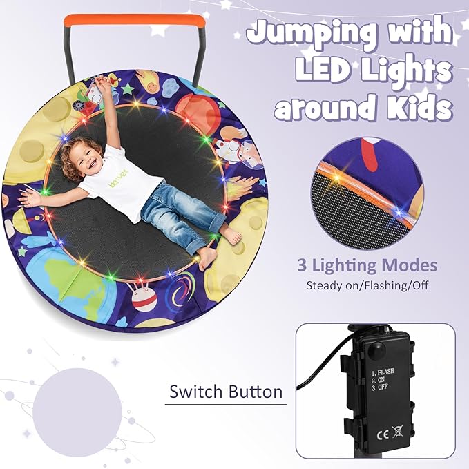 GYMAX 36” Toddler Trampoline with Lights, Folding Springless ASTM Approved Small Kids Rebounder with Foam Handle, Safety Padded Cover & Foldable Legs, Mini Indoor Baby Trampolines