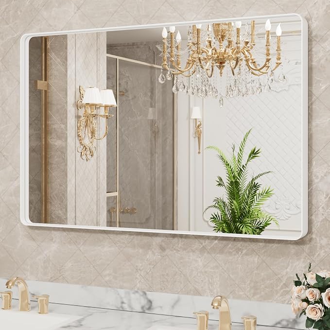LOAAO 40x32 Inch White Metal Framed Bathroom Mirror for Wall, White Bathroom Vanity Mirror Farmhouse, Large Rounded Rectangle Mirror, Anti-Rust, Tempered Glass, Hangs Horizontally or Vertically | Rounded Rectangle, Anti-Rust, Tempered Glass, Hangs Hori...