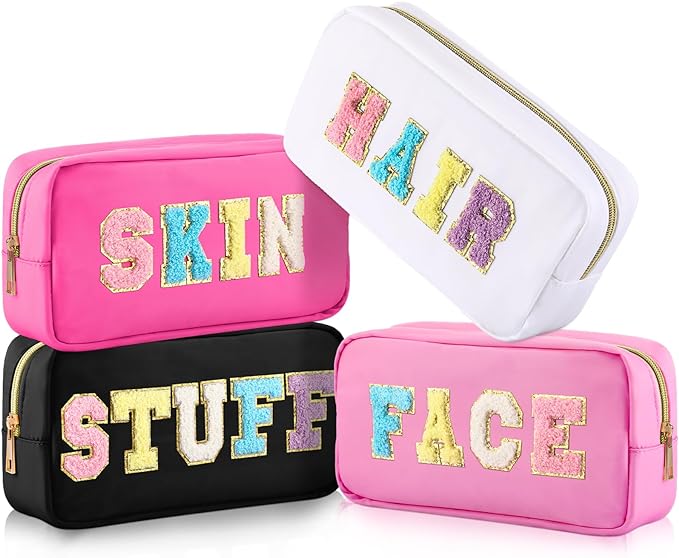Preppy Makeup Bags Chenille Letter Stuff Bag Nylon Cosmetic Pouch Cases with Zipper for Women Travel Toiletry(Cute Color,Vivid,4 Pcs)