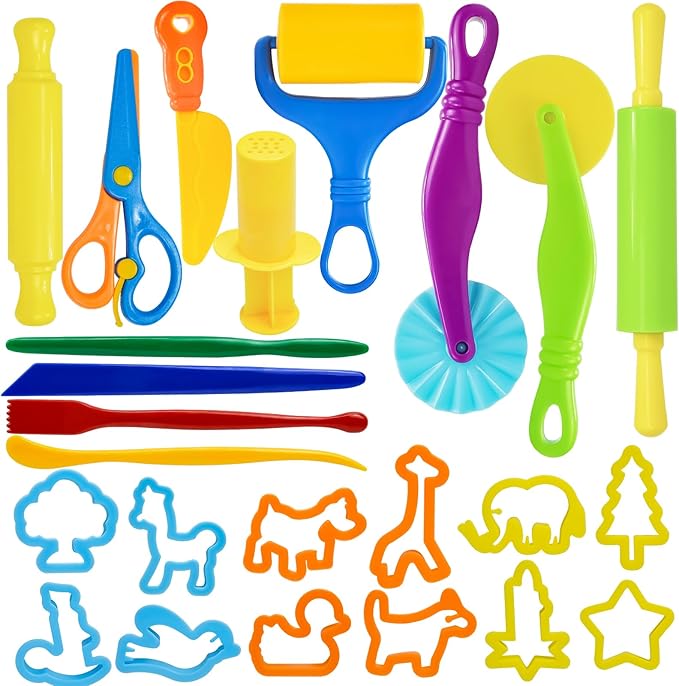 LCY WEDSHI Dough Tool Set, 24 Pcs Dough Tools Sets for Kids Ages 4-8, Dough Accessories Includes Animal Molds, Cutters Roller, Rolling Pins, Safety Scissors, Plastic Knife