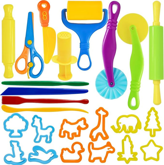 LCY WEDSHI Dough Tool Set, 24 Pcs Dough Tools Sets for Kids Ages 4-8, Dough Accessories Includes Animal Molds, Cutters Roller, Rolling Pins, Safety Scissors, Plastic Knife