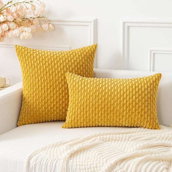 Kevin Textile Soft Corduroy 12"x20" Pillow Cover 1 Pack, Mustard Yellow | Boho Stripe Plush Corduroy Decorative Oblong Cushion Cover Modern Farmhouse Home Decor for Sofa Couch Bed Chair