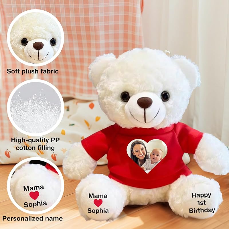 Custom Bear Plush with Picture Text Logo, 11 Inch Personalized Teddy Bear Stuffed Animal, Christmas Birthday Gift for Girls Boys Kids Adults Valentines Graduation Keepsake (T-shirt