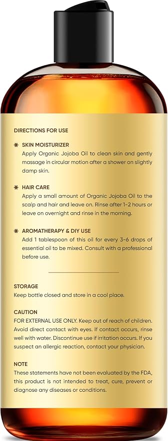 Brooklyn Botany Cold-Pressed Organic Jojoba Oil | for Skin, Hair and Face | 8 Fl Oz | 100% Pure and Natural | Carrier Oil for Essential Oils, Aromatherapy and Massage | Hexane Free