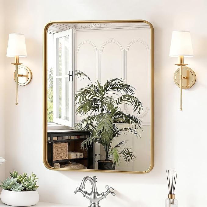 Sweetcrispy Bathroom Wall Mirror, 30x22 Inch Wall Mount Mirror for Over Sink, Modern Rounded Rectangle Vanity Mirrors with Matte Metal Framed, for Home Decor, Living Room, Bedroom, Gold