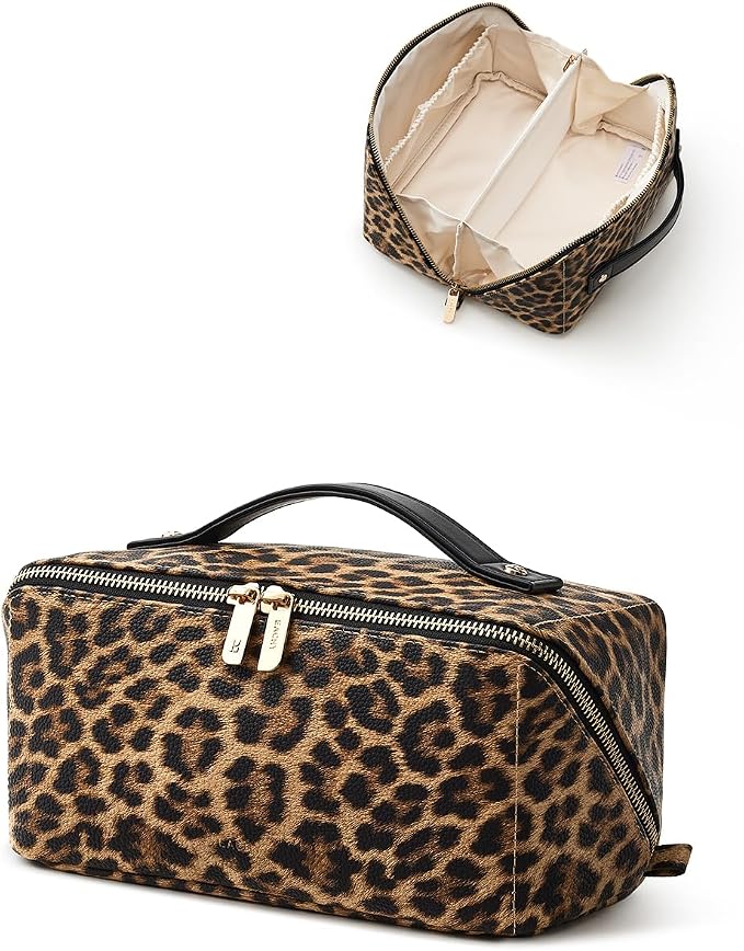 EACHY Travel Makeup Bag, Large Capacity Cosmetic Bag for Women, Waterproof PU Leather, Flat Open Portable Toiletry Bag for Skincare, Brushes & Travel Essentials