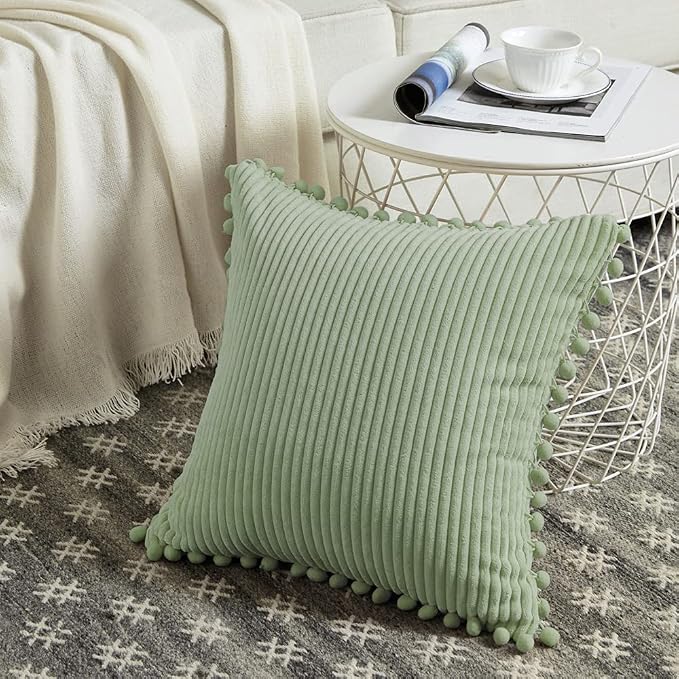 Fancy Homi Set of 2 Sage Green Decorative Throw Pillow Covers 14x14 Inch with Pom-poms for Couch Bed Sofa, Modern Farmhouse Boho Home Decor, Soft Plush Corduroy Cute Cushion Case 35x35 cm