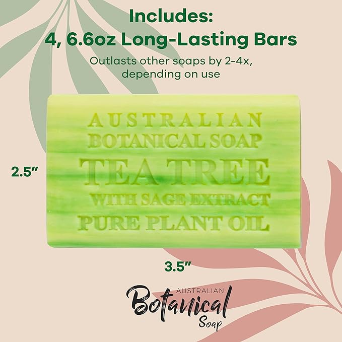 Australian Botanical Soap Tea Tree with Sage Extract – Triple Milled 6.6 oz Bar Soap with Shea Butter, Face Hand & Body Soap Bars, Pack of 4