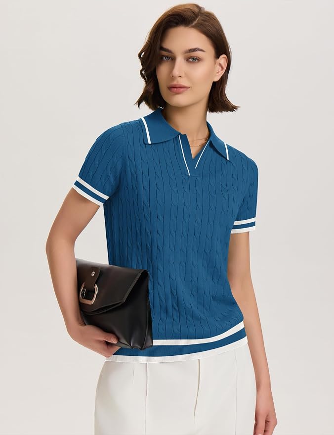 Micoson Womens Short Sleeve Sweater Tops Lapel V Neck Polo Shirts 2026 | Summer Cable Knit Loose Blouses, Business Casual Outfits