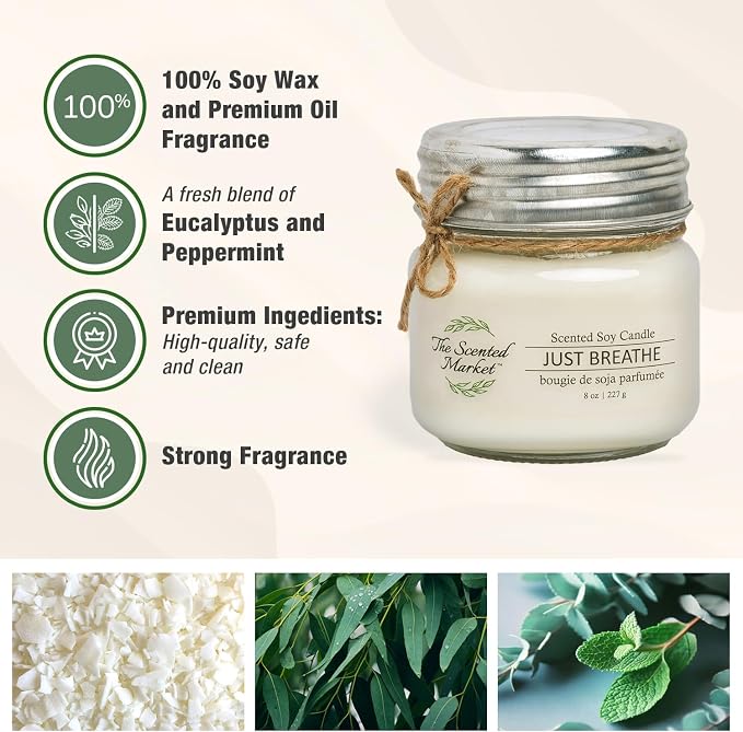 The Scented Market Aromatherapy Soy Wax Candle JUST Breathe 8 oz Mason Jar, Over 50 Hours of Burn Time, Ideal for Home Decor and Gifts