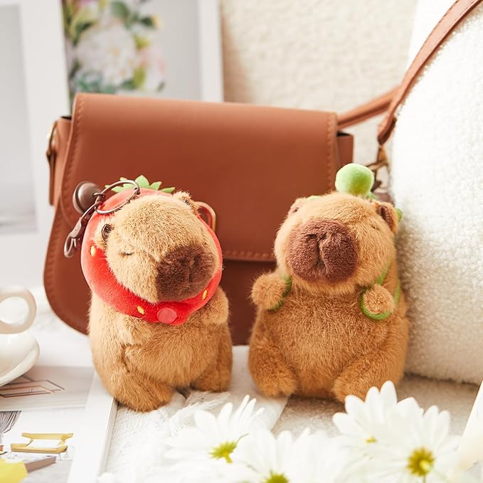 2 Pcs Capybara Plush Keychain Capybara Stuffed Animals Plush Pendant for Christmas Gifts Exchange Birthday Party(Turtle Bag, Strawberry Hood)