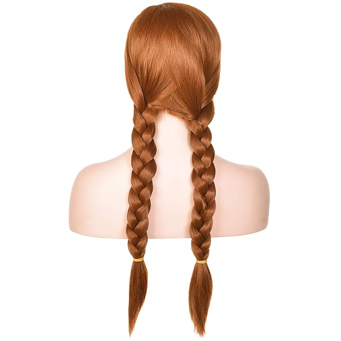 morvally Women’s Light Brown Synthetic Hair Wigs with Two Long Braided Pigtails for Woman Cosplay, Halloween, Costume, Party