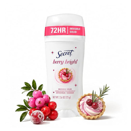 Secret Fresh Antiperspirant Deodorant for Women, 72hr Holiday Sweat & Odor Protection with Pro-Hyaluronic Acid, Invisible Solid, PH Balancing Minerals, Berry Bright Scent, 2.6 oz