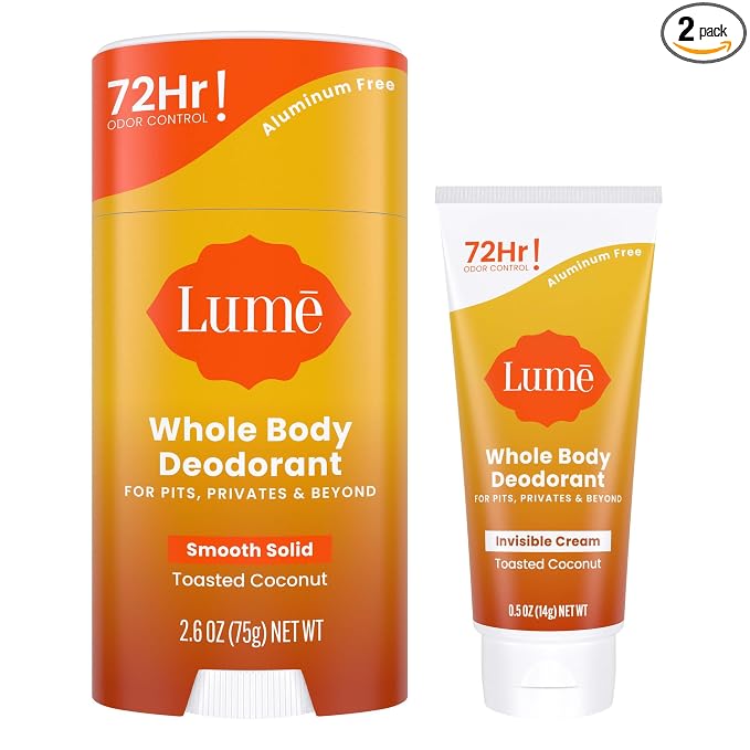 Lume Whole Body Deodorant - Invisible Cream Tube Mini and Solid Stick Bundle - 72 Hour Odor Control - Aluminum & Baking Soda Free, Skin Loving (Toasted Coconut)