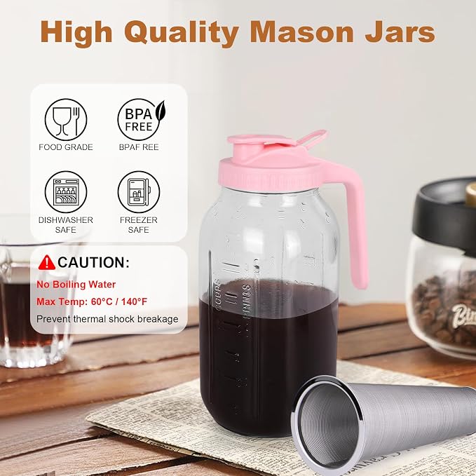 Cold Brew Coffee Maker，64 oz Wide Mouth Mason Jar Pitcher with Stainless Steel Filter, Pour Spout Handle Lid, Heavy Duty Glass Airtight & Leak-Proof for Iced Coffee & Tea Lemonade-Pink