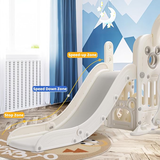 Arlopu 7 in 1 Toddler Slide and Swing Set, Kids Climber Playset with Ball & Hoop, Telescope, Suction Cup Reinforced Base, Baby Indoor Outdoor Playground (White)