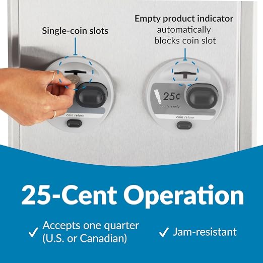 Bobrick Recessed Napkin/Tampon Dispenser, 25 Cent Operation Dual Dispenser for Commercial Use Holds 20 Napkins & 30 Tampons Satin-Finish Stainless Steel Push-Button (Model B-3706 25)