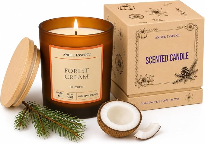 Fir & Coconut Scented Soy Candle 14 oz (Forest Cream) | Hand-Poured – Woody Coconut Aromatherapy – 60Hr Burn – Wooden Lid – Gift for Women