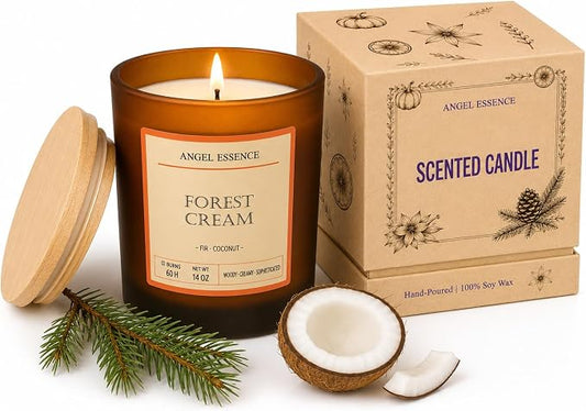 Fir & Coconut Scented Soy Candle 14 oz (Forest Cream) | Hand-Poured – Woody Coconut Aromatherapy – 60Hr Burn – Wooden Lid – Gift for Women