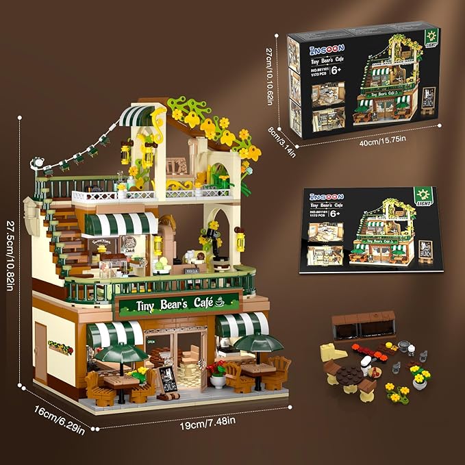 City Coffee House Building Set with Light, 1173 PCS Cafe Shop Building Block Toy with Ordering Counter Baking Room, Architecture Construction Model for Adults Teens Kids Boys Girls Ages 6-12+