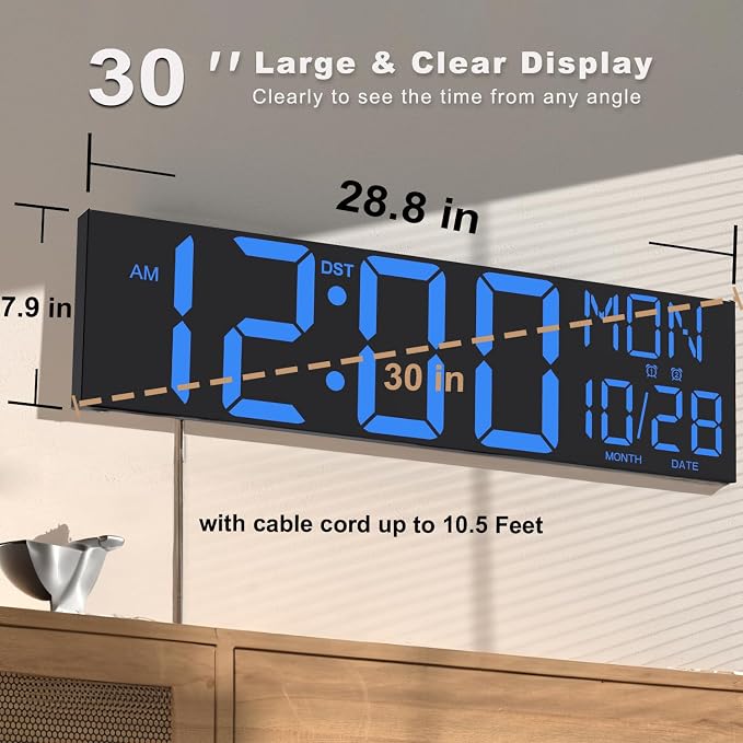 JALL 30" Extra Large Digital Wall Clock, Giant LED Wall Clock with Remote Control, Digital Clock with Jumbo Numbers for Living Room, Gym, Warehouse, Office, Home Decor, Plug-in, Blue