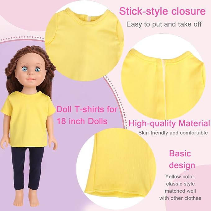 5-Piece Yellow T-Shirts for 17-18 Inch Dolls | Plain Short Sleeve Tees for DIY Customization