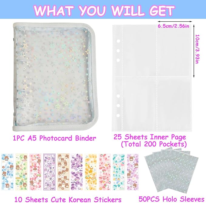 Kpop Photocard Binder A5 Kpop Photocard Holder Book with 50pc Holographic Photocard Sleeves&10 Korean Stickers, 6 Ring A5 Binder Photocard Album 25 Inner Pages with 200 Pockets