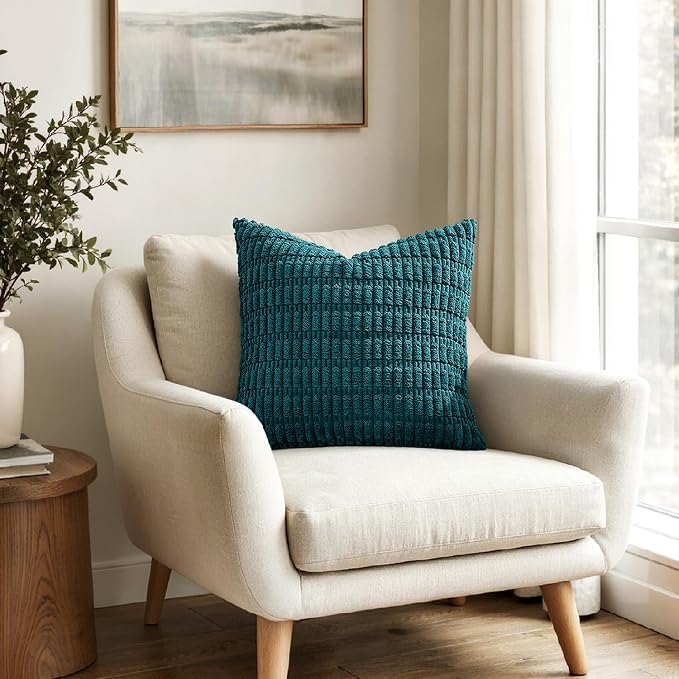 MIULEE Corduroy Decorative Throw Pillow Covers 18x18 Teal Pack of 2 | Soft Boho Striped Pillow Covers Modern Farmhouse Coastal Home Decor For Sofa Living Room Couch Bed