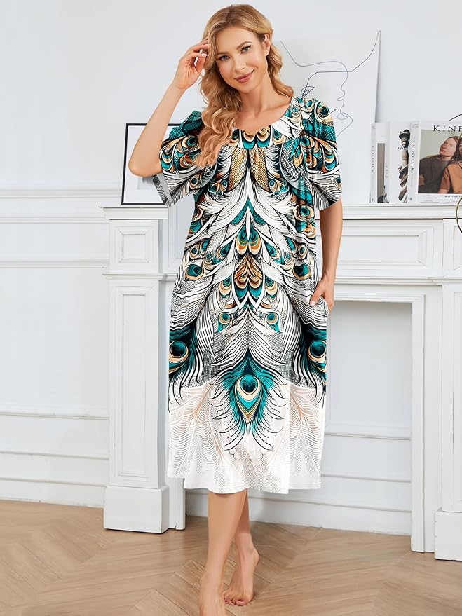 House Dresses for Women with Pockets Moo Moo Nightgown Short Sleeve Mumu Dress Lounge Dress S-3XL