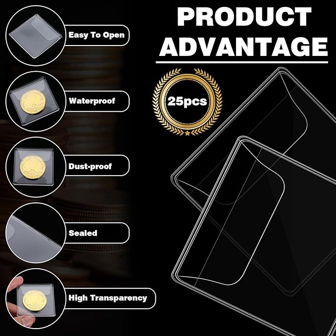 Mabor 25Pcs Coin Sleeves 2.1 x 2.1 Inches Clear Coin Protectors Single Pocket Small Pouches for Coin Storage Individual Plastic Coin Holders for Coin Currency Bills Collectors