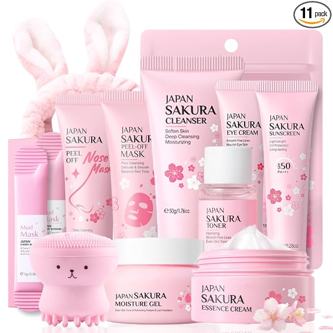 Skincare Kit Sakura Teen Girls Gifts - Skin Care Set Travel Size Toiletries - Sakura Skin Care for Teens 10-12 Hydrating - Teen Facial Kit Gift Set for Women with Bunny Headband（11PCS）