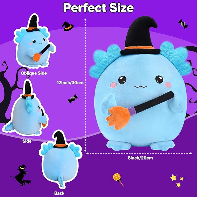 Halloween Axolotl Stuffed Animals, Axolotl Witch with Broom Stuffed Plush Halloween Party Gifts for Kids, Girls and Boys（Blue）