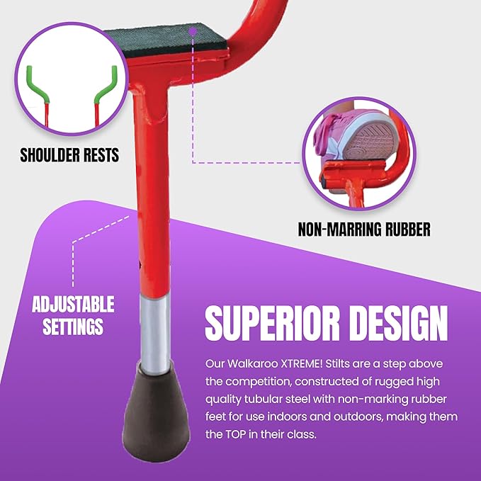 Geospace Adjustable Walkaroo Xtreme Steel Stilts for Kids - Indoor/Outdoor Play, Exercise, Steel Stilts for Adults- Up to 250 lbs, Height Adjustable Walking Stilts, Kids Stilts - Red
