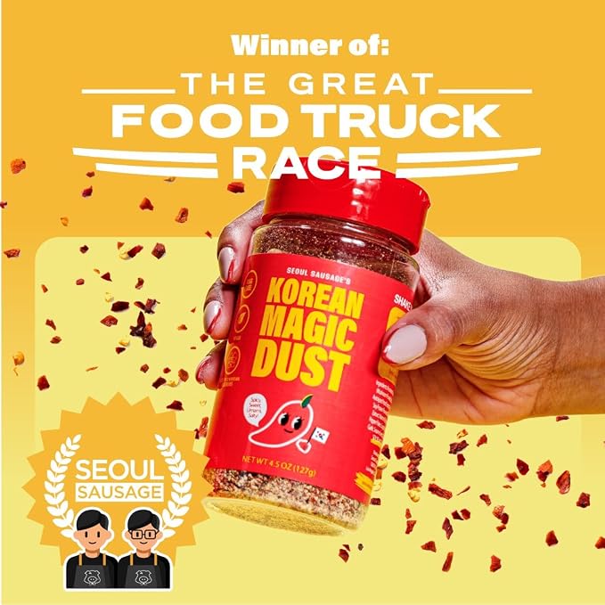 Korean Magic Dust 4.5oz (127g) – Seasoning Blend - Salty, Spicy, and Umami Flavor Explosion – Award-Winning, Food Network The Great Food Truck Race Winner – Perfect on Eggs, Meats, Veggies, Popcorn, Chips, and More.