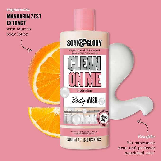 Soap & Glory Original Pink Clean On Me Body Wash - Hydrating Shower Soap & Skin Cleanser with Built In Body Lotion for Hydration - Bergamot & Rose Scented Moisturizing Body Wash (500 ml, 2 pack)